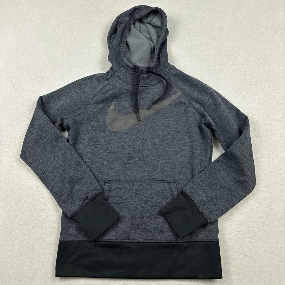 Nike Hoodie Women Small Gray Heather Big Swoosh Pullover Therma Fit Sweatshirt S